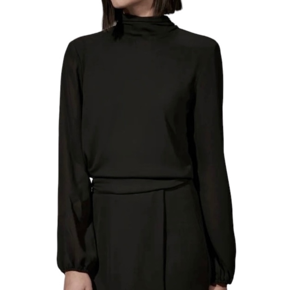 New Krisa Pleated Mock Neck Keyhole Back Long Sleeve Blouse Black Size XS